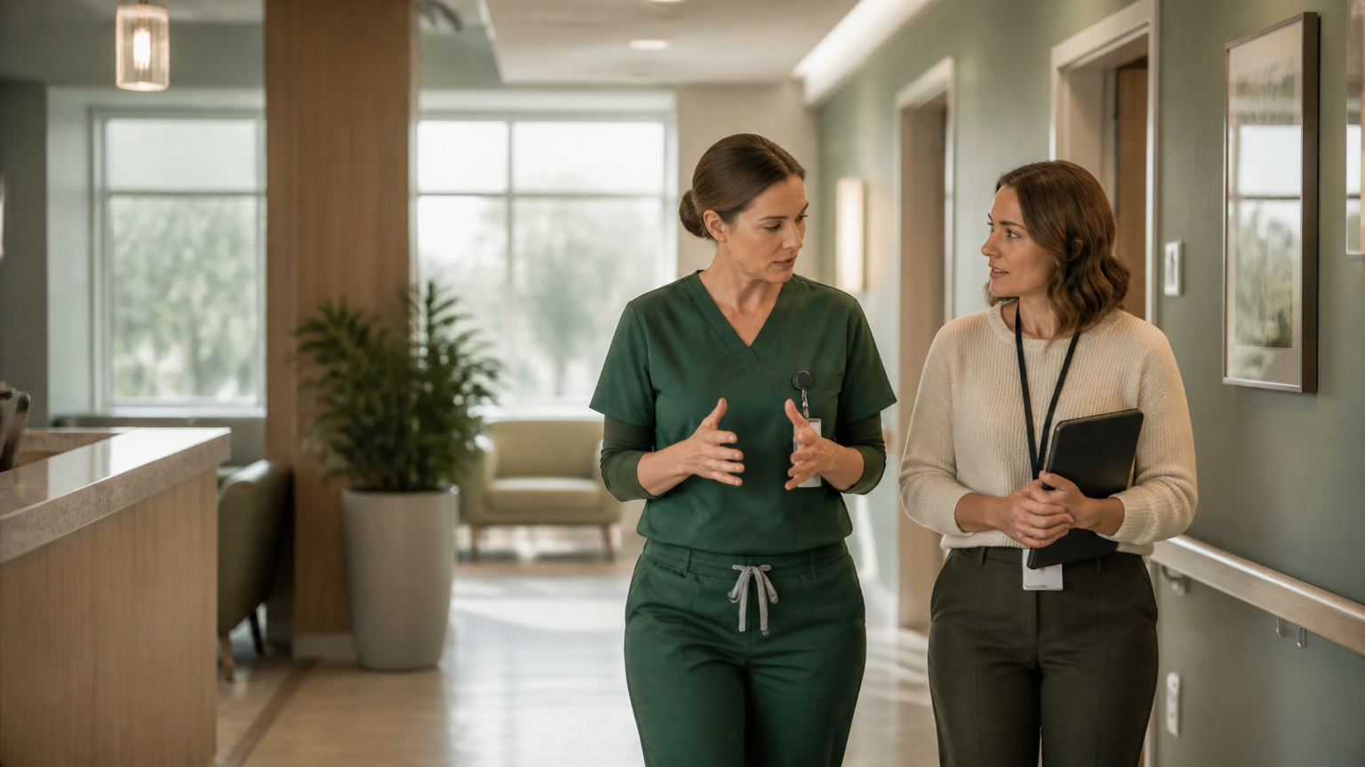 A clinician and care coordinator observing a practical workflow in a welcoming healthcare environment